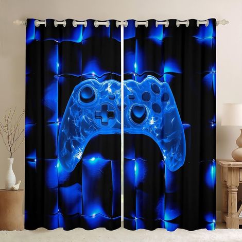 Rideau de jeu Décoration de la maison, Bleu Noir Moderne Grid Rideaux pour Filles Garçons, Contrôleur de Jeu Vidéo, Manette de Game, Traitement de Fenêtre Rideaux pour Bureau, Taille XXL - 260x140cm ( (1/5)
