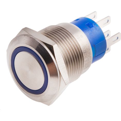 Bouton-poussoir, Momentané lumineux, LED Bleu, 5 A, Argent, Montage panneau 12V ( Prix pour 1 ) (1/2)