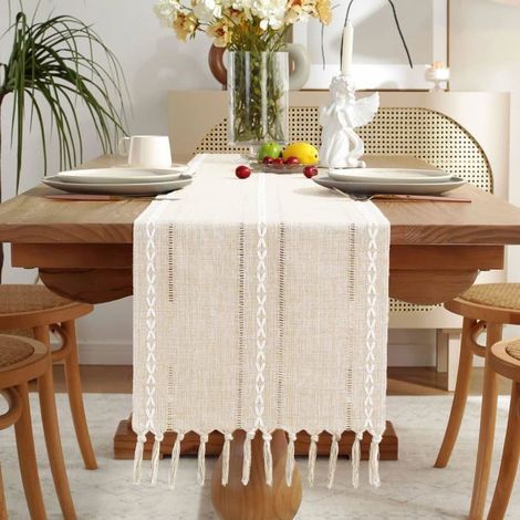 Chemin de table blanc ivoire - KAGOLOW - 33 x 228 cm - 100 % polyester - Motif tressé - Pampilles - Style rustique (1/5)