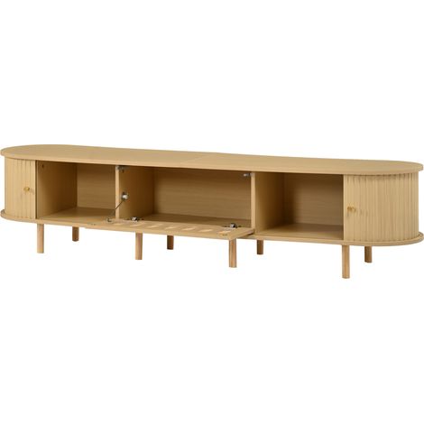 Meuble TV 180 cm en MDF naturel, 2 portes à rideau effet rotin MODENUIT (1/5)