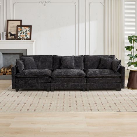 Modulares 3-Sitzer-Sofa „Cloud“ für das Wohnzimmer – ergonomische, weiche Doppelschicht-Sitzfläche – 289 x 75 x 84 cm – aus schwarzem Chenille-Stoff (1/5)