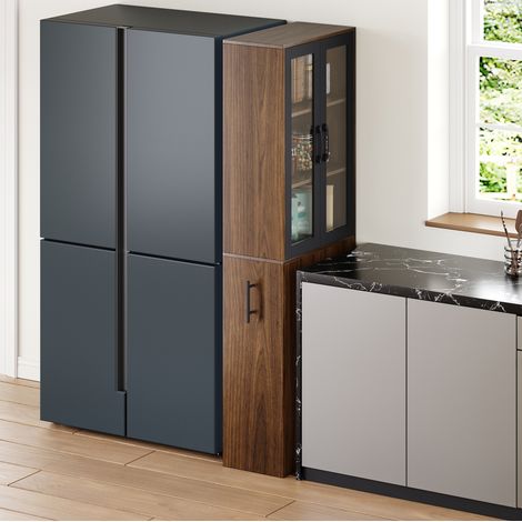 Mueble de almacenamiento estrecho 60x30x180 cm con puertas de cristal y carro extraíble, MDF negro y natural (1/5)