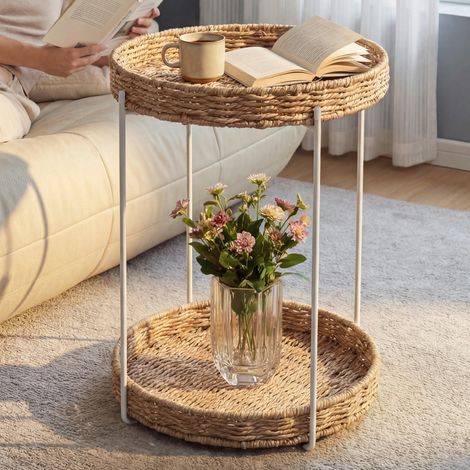 doporro Tavolino Salotto Rotondo con 2 Vassoi Rimovibili, Telaio in Metallo Pieghevole, Intrecciato a Mano, Tavolino Moderno per Soggiorno, Camera da Letto, Bianco, Reglo-08 (1/5)
