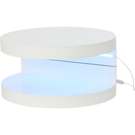 Runder weißer Couchtisch 70 x 70 x 35,5 cm aus MDF mit 360° drehbarer Platte und LED-Streifen (1/5)