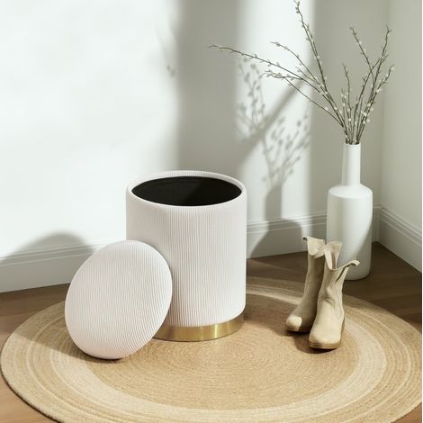Puf con almacenamiento (36x36x44 cm), asiento acolchado, base metálica, poliéster blanco crema (1/5)