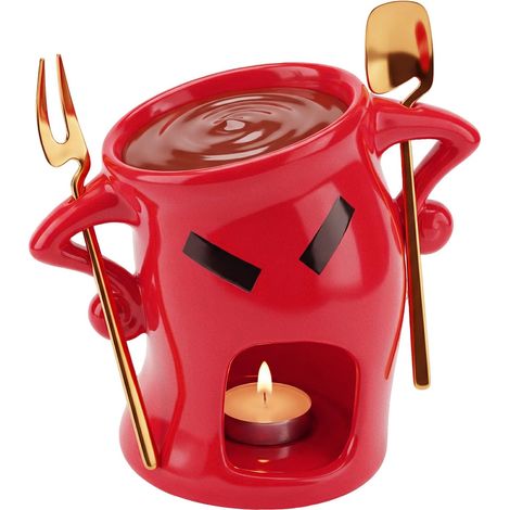 Tasse à fondue au chocolat - En céramique - Avec cuillère et fourchette - Design unique avec posture pour la décoration de la Saint-Valentin, bol à fondre au chocolat pour fromage et beurre - Rouge (1/5)