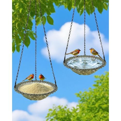 Set mit 2 hängenden Vogeltränken, Futterhäuschen für den Außenbereich, Vogeltränken, Gartendekoration, grau (1/5)