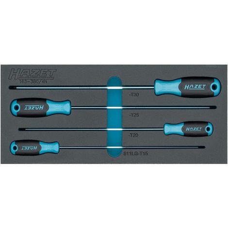 Jeu de tournevis 163-380/4N, 4 pièces, extra long, profil TORX intérieur, T15, T20, T25, T30, pour des travaux de vissage précis et difficiles d'accès
