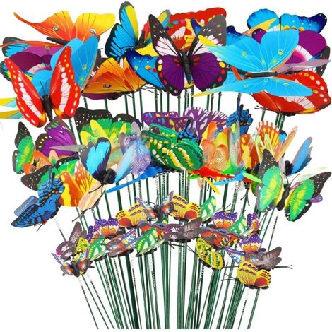 50 Tierfiguren für die Gartendekoration, 50 schmetterlingsförmige Gartenstäbe, bunte Stäbe für Garten, Terrasse, Pflanzen, Rasen, Tisch, 4 cm Ornamente (1/4)