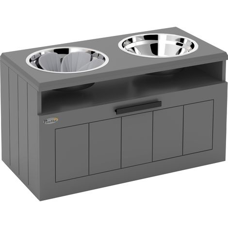 Comedero elevado para perros con 2 cuencos de acero inoxidable y cajón, MDF gris (1/5)