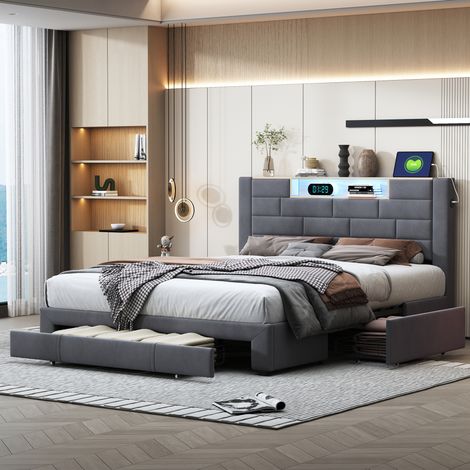 Lit Double 160x200 avec Sommier LED et USB,lit 2 Personnes Rembourré avec 4 Tiroirs de Rangement et à Lattes en Bois,pour Adultes et Adolescents,Gris (1/5)