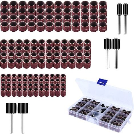 150 Pièces Manchons Abrasifs, Tambour de Ponçage, Comprenant 144 Bandes de Ponçage et 6 Rouleaux Abrasifs pour Dremel Outil Rotatif (1/5)