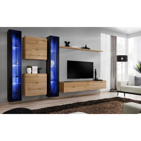 Ensemble mural - Switch XVI - 2 vitrines LED - 2 vitrines carrées - 1 banc TV - 1 étagère - Bois et noir - Modèle 2 - Livraison gratuite