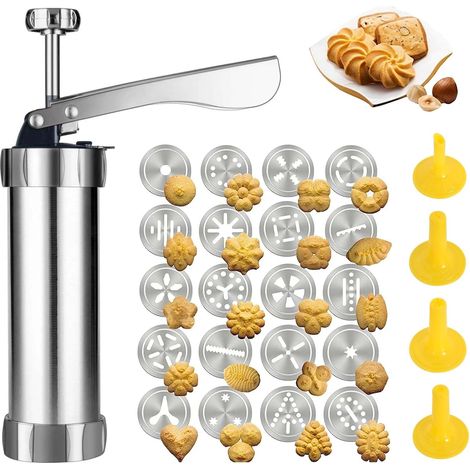 Juego de prensas para galletas, prensa de galletas de acero inoxidable con 20 plantillas y 4 boquillas, prensa de galletas portátil para galletas de mantequilla, moldes para hornear galletas y decorar (1/5)