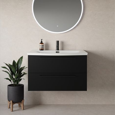Napoli 390 Matt Black 800mm Wall Mounted 2 Drawer Vanity Unit with Arc Basin - 800mm - Matt Black 480mm Handle