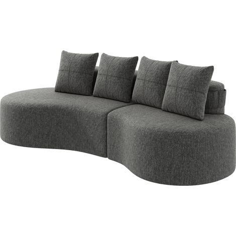 Canapé en lin gris foncé avec 4 coussins, mousse haute densité, porte-gobelets et poche latérale – 240x109x60 cm (1/5)