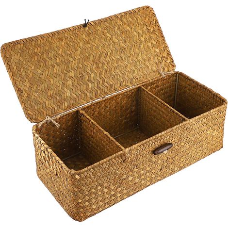 Panier de rangement en osier panier d’étagère à 3 compartiments corbeille tressé avec couvercle boîte de rangement pour bureau, étagère, table à manger (caramel) (1/5)