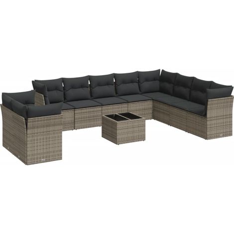 Salon de jardin 11 pcs avec coussins gris résine tressée (1/3)