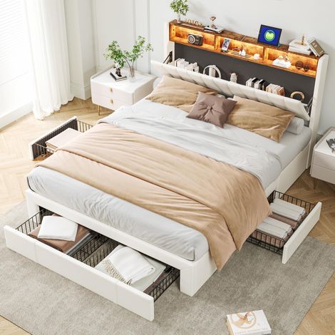 Letto 140x200cm - velluto, con 3 cassetti e testiera contenitore, stazione di ricarica USB, rete a doghe, letto per adulti in stile contemporaneo, letto imbottito - Beige (1/5)
