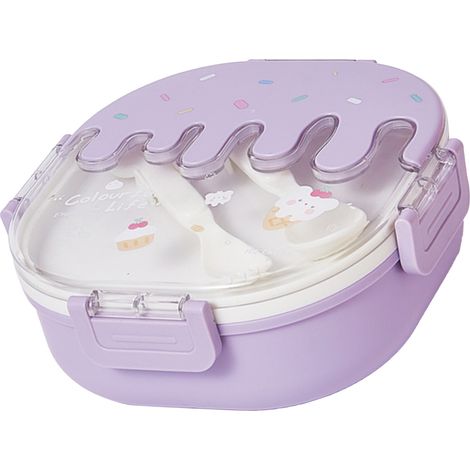 Boîte à lunch Bento pour enfants et adultes, 3 compartiments, en plastique, motif glaces, avec fourchette et cuillère, idéale pour l'école, le travail et les voyages (violet). (1/5)