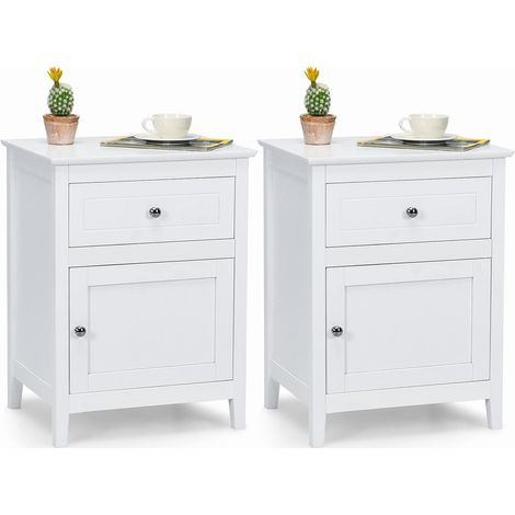 COSTWAY Lot de 2 Table de Chevet avec Tiroir, Table de Nuit avec Placard et Pieds en Bois Massif pour Chambre, Salon, Bureau, 48 x 38 x 63,5 cm (Blanc) (1/5)