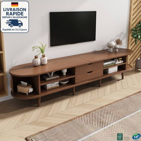 MODFU - Mobile TV marrone adatto per TV fino a 70 pollici, mobile TV per soggiorno e camera da letto, 2 ante, 2 cassetti, 8 piedi, MDF (1/5)
