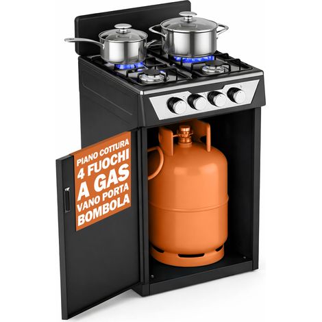 Cucina con Piano Cottura 4 Fuochi Gas da Esterni Nero Paravento e Portabombola