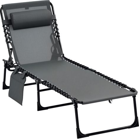 Sdraio da Giardino Pieghevole con Schienale Reclinabile su 5 Posizioni e Cuscino, 185x58x30cm, Grigio
