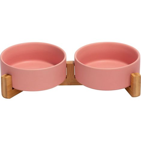 Gamelle Double en céramique avec Support en Bambou pour Chat et Chien Rose (1/5)