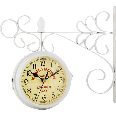Vintage Art Design Double Face Horloge Murale En Gare Ronde Supports Support Mural Latéral pour Jardin Maison Salon Métal Blanc (1/5)