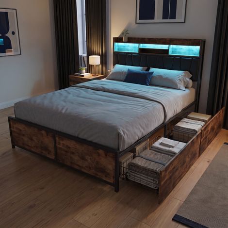 Lit double 140x200 cm avec 4 tiroirs et LED, lit adulte avec ports USB et tête de lit capitonné, style industriel, Noir (1/5)