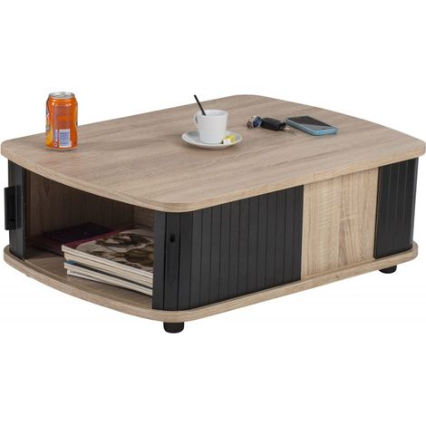 Beaux Meubles Pas Chers – Table basse relevable chêne 80 cm – 2 niches avec rideaux coulissants – Angles arrondis – Meuble éco-conçu fabriqué en France (1/3)