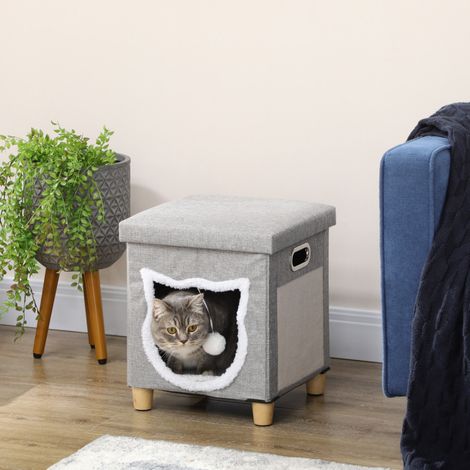 Niche pour chat ottomane avec coussin, tapis à gratter, balle suspendue, antidérapante, grise, pour chats jusqu'à 5 kg - CHICFURN (1/5)