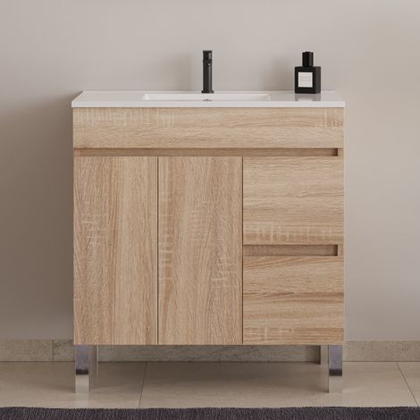Meuble sous vasque seul, 2 tiroirs et 2 portes, 80cm, pour simple vasque - cambrian (chêne clair) - HARO