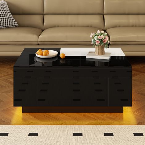 Table basse extensible avec éclairage LED, plateau noir et blanc brillant, rangement caché et bande lumineuse réglable 16 couleurs – choix idéal pour salon élégant (1/5)
