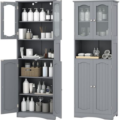 GOPLUS Armoire de Rangement Haute, Meuble Rangement de Salle de Bain avec Portes en Verre Trempé, Etagères Réglables, 2/3 Compartiments Ouverts, pour Salle de Bain, Cuisine (60x30x164cm,Gris) (1/4)