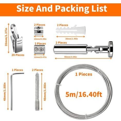 5M Kit Tringle Rideaux avec 24 Clips Métal, Câble Rideau Acier Inoxydable, Fil Suspension Métallique, Corde Photos Accrocher Contre Rouille pour Intérieur Décoration, Art Exposition, Vêteme (1/5)