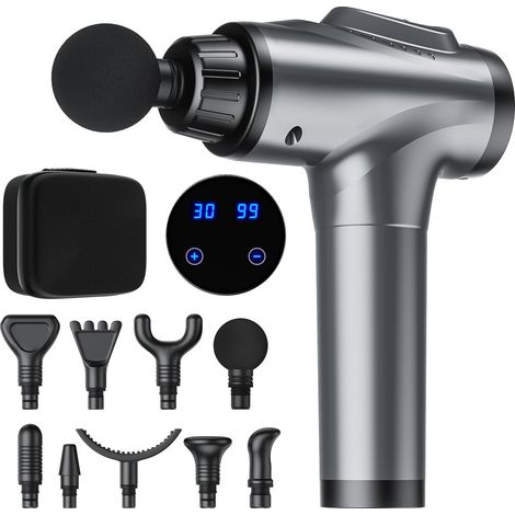 Pistolet de massage, pistolet de massage à percussion avec 30 niveaux de vitesse et 9 têtes de massage, masseur musculaire électrique portatif pour soulager la douleur-AquaForge