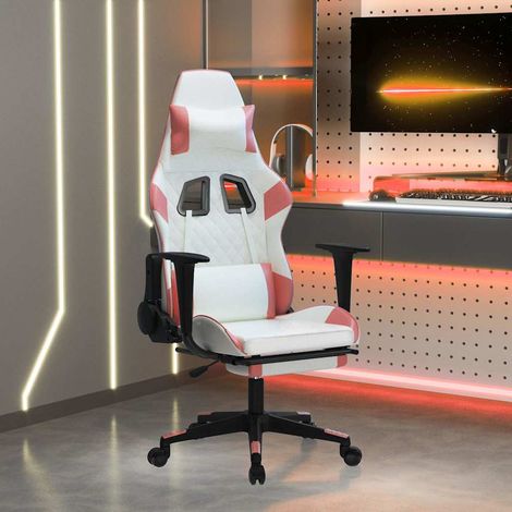 vidaXL Silla gaming con reposapiés cuero sintético blanco y rosa (1/5)