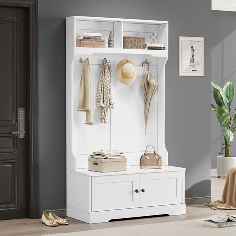 Mueble de entrada con 2 Puertas, 2 Compartimentos Abiertos, 4 Ganchos y Banco con Almacenaje para Recibidor en Tablero de Partículas Blanco 101.5×183 cm (1/5)