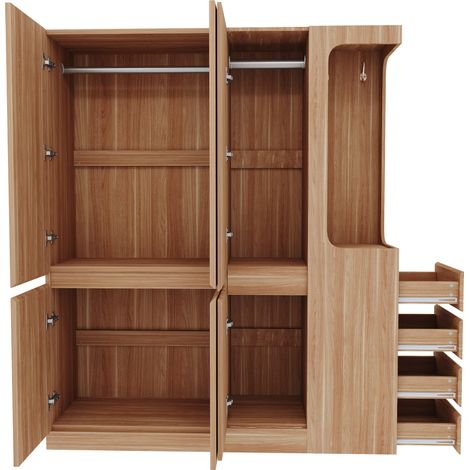 Grande armoire à vêtements 140 x 40 x 170 cm, avec tiroirs et compartiments de rangement, espace penderie ouvert avec rangement, couleur bois (à droite) (1/5)