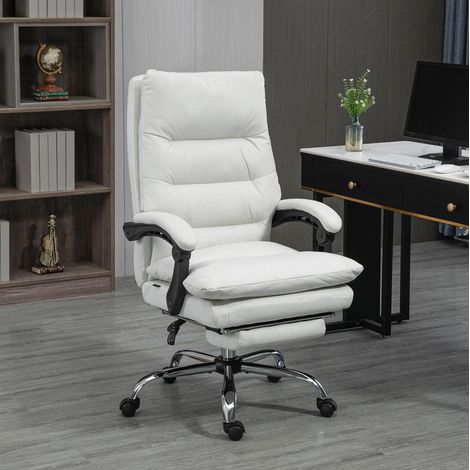 Sedia da ufficio massaggiante in poliestere bianco crema, schienale reclinabile 135°, altezza regolabile, poggiapiedi 65x72x109-117 cm (1/5)