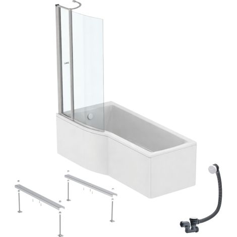 IDEAL STANDARD Connect Air, conjunto de bañera/ducha izquierda de 170 x 80 cm + delantal + mampara con solapa + patas + desagüe, blanco.