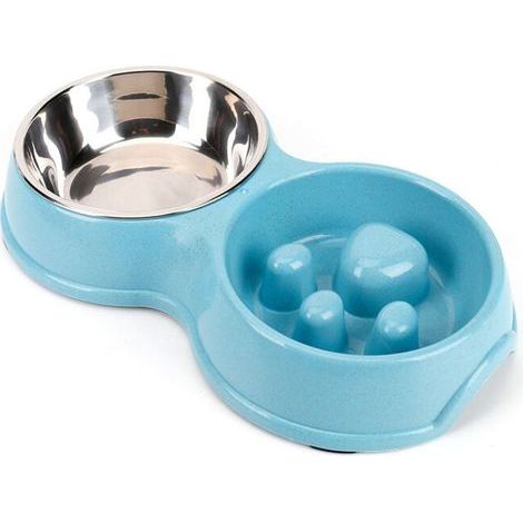 Comedero doble de acero inoxidable de grado alimenticio para perros y gatos, con sistema antiahogo (azul). (1/5)