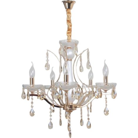 Lampadario da soffitto a 5 bracci a sospensione bianco perlato e oro con cristalli pendenti retrò classico attacco e14 (1/3)