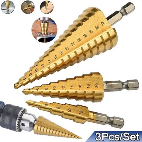 Set di 3 punte da trapano a gradini con scanalatura a spirale, punta da trapano conica a gradini, rivestimento in titanio, per fori in legno e metallo, fresa, utensili elettrici, 4-12/20/32 mm