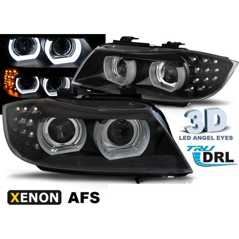 Paire feux phares BMW E90/E91 09-11 Xenon Angel Eyes Led DRL Noir-33681381 (1/4)