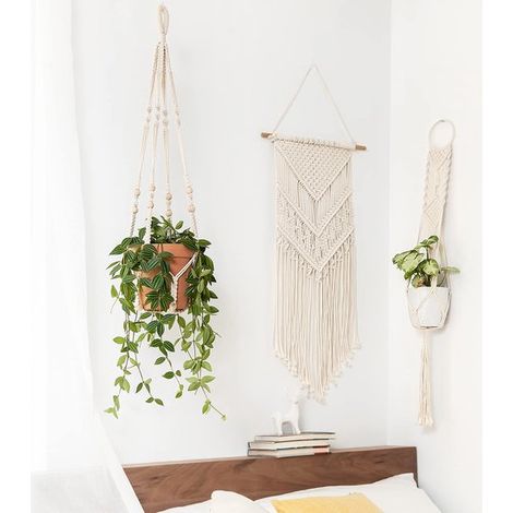 Spitzen Pflanzenampel, hängender Blumenkorb für drinnen mit Holzperlenverzierung, Blumentopfhalter, Boho Dekoration für drinnen und draußen, 89 c (1/5)