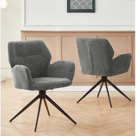 Sedia girevole da pranzo in chenille e metallo, grigio scuro, con braccioli, set da 2 (1/5)