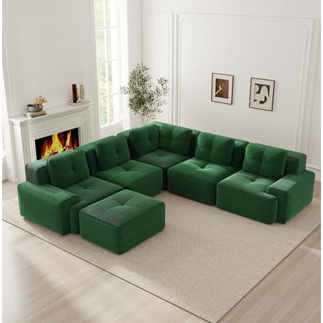 Divano angolare componibile con pouf, seduta profonda 74 cm, velluto a coste verde DESVIAE (1/5)